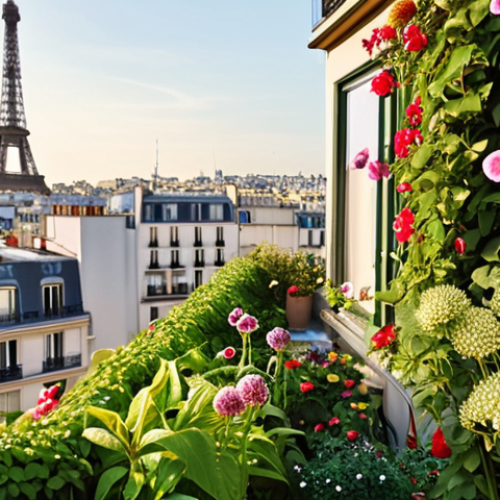 Home 19 **Prompt:** Lush rooftop garden on a Parisian apartment building, overflowing with flowers and greenery. A beehive is visible in the corner. Sunlight shines on the vibrant plants, with the Eiffel Tower subtly visible in the background. Focus on the biodiversity and beauty.