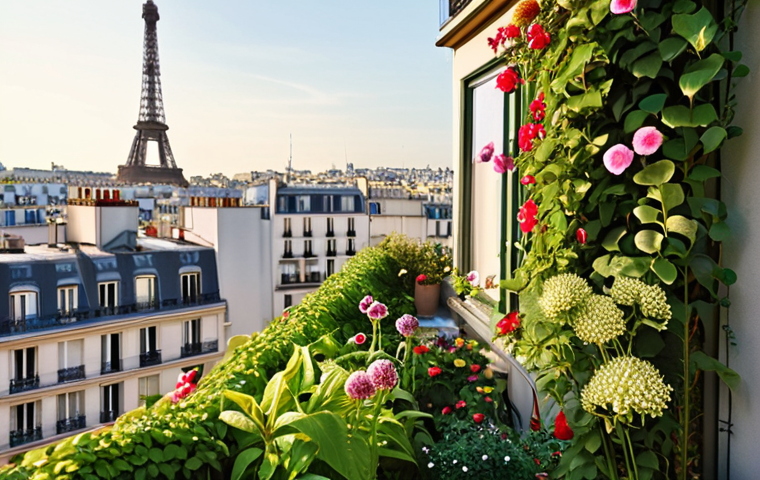 **Prompt:** Lush rooftop garden on a Parisian apartment building, overflowing with flowers and greenery. A beehive is visible in the corner. Sunlight shines on the vibrant plants, with the Eiffel Tower subtly visible in the background. Focus on the biodiversity and beauty.