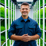 A professional agronomist, fully clothed in a modest, modern work uniform, stands within a pristine, high-tech indoor vertical farm. Rows of vibrant, healthy leafy greens and herbs grow under controlled LED lighting, with visible clean hydroponic or aeroponic systems. The scene emphasizes efficiency, innovation, and sustainable urban farming practices. Natural pose, perfect anatomy, well-formed hands, proper finger count, natural body proportions. Professional photography, sharp focus, high quality, safe for work, appropriate content, fully clothed, family-friendly.