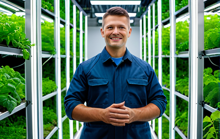 A professional agronomist, fully clothed in a modest, modern work uniform, stands within a pristine, high-tech indoor vertical farm. Rows of vibrant, healthy leafy greens and herbs grow under controlled LED lighting, with visible clean hydroponic or aeroponic systems. The scene emphasizes efficiency, innovation, and sustainable urban farming practices. Natural pose, perfect anatomy, well-formed hands, proper finger count, natural body proportions. Professional photography, sharp focus, high quality, safe for work, appropriate content, fully clothed, family-friendly.