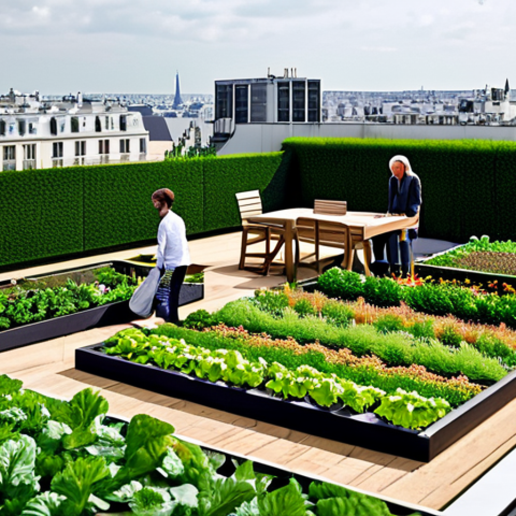 도시 생물다양성 증진을 위한 생태계 회복 사례 - Rooftop Garden Oasis**

"A vibrant rooftop garden in Paris, fully clothed people tending to vegetabl...