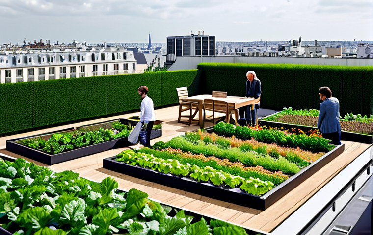도시 생물다양성 증진을 위한 생태계 회복 사례 - Rooftop Garden Oasis** "A vibrant rooftop garden in Paris, fully clothed people tending to vegetabl...