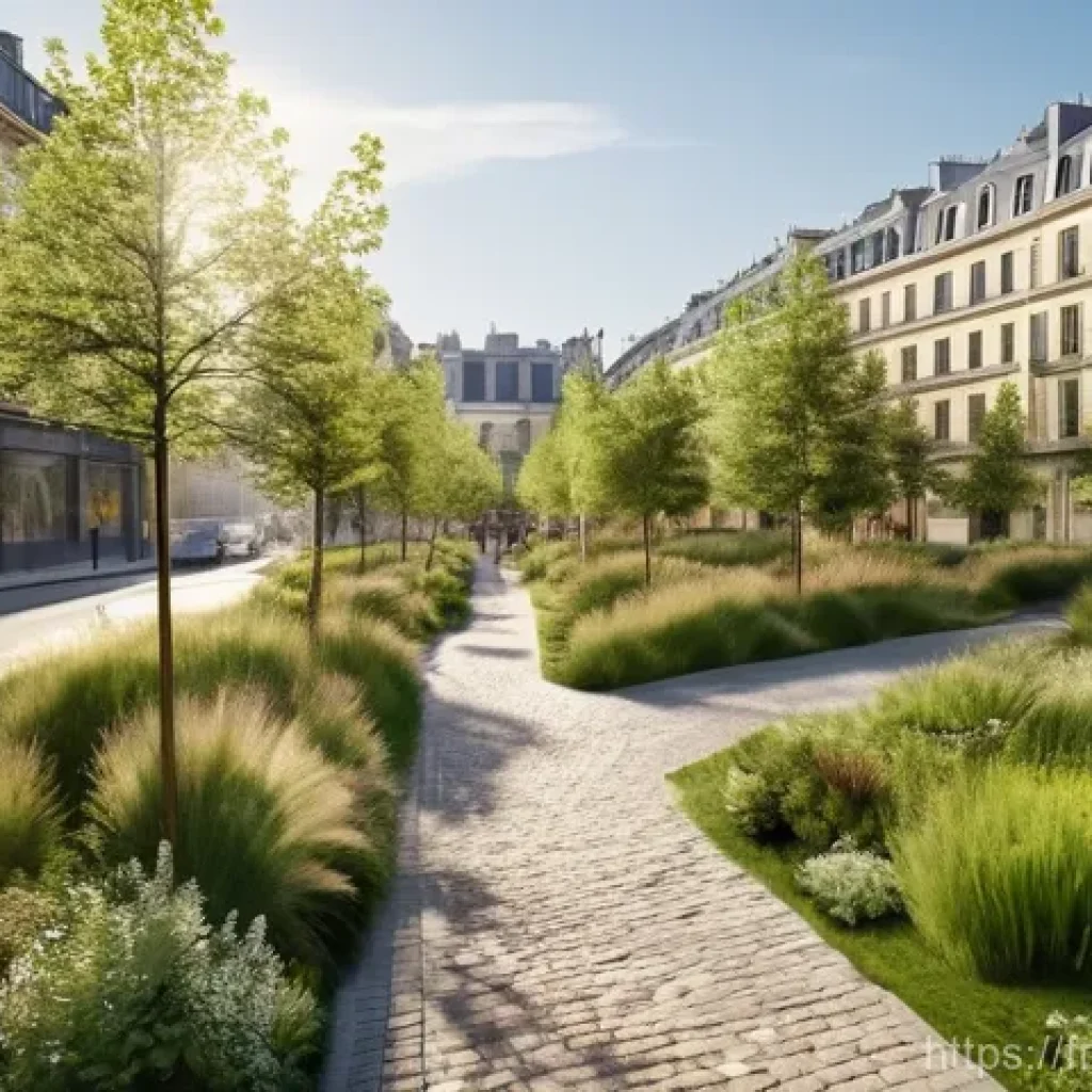 도시의 야생동물 이동통로 설계하기 - **Urban Green Corridor**: A vibrant, detailed overhead view of a Parisian street transformed into a ...