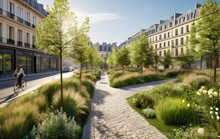 도시의 야생동물 이동통로 설계하기 - **Urban Green Corridor**: A vibrant, detailed overhead view of a Parisian street transformed into a ...