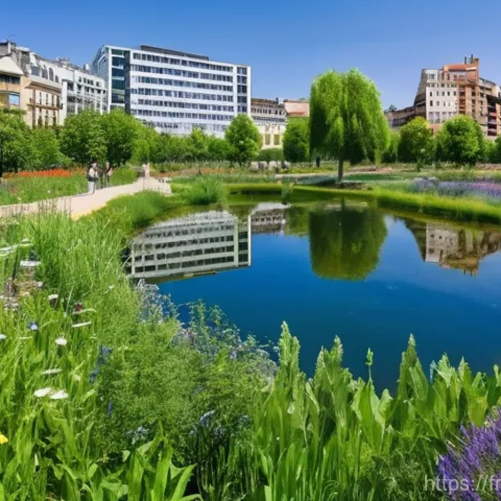 도시 내 생물다양성을 위한 정책적 변화 - **Prompt:** "A vibrant, ecologically restored urban park in a French city, like Lyon. The foreground...