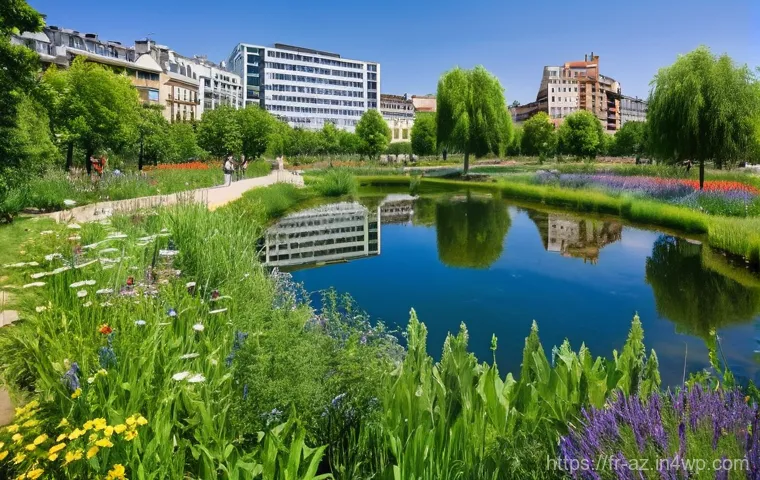 도시 내 생물다양성을 위한 정책적 변화 - **Prompt:** "A vibrant, ecologically restored urban park in a French city, like Lyon. The foreground...