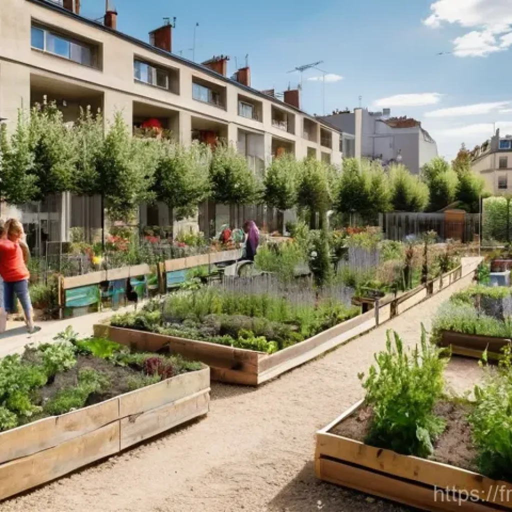 도시 내 생물다양성을 위한 건강한 생태계 조성 - **A Vibrant Community Garden in Lyon:** An overhead shot or wide-angle view of a bustling community ...