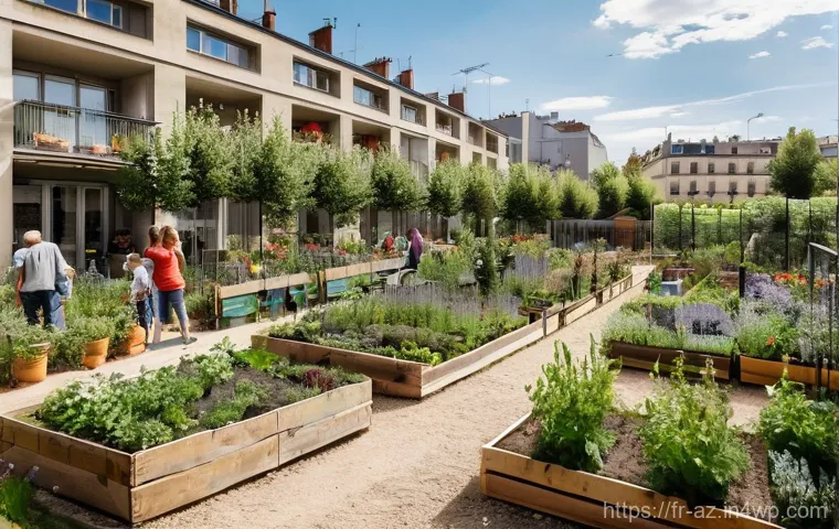 도시 내 생물다양성을 위한 건강한 생태계 조성 - **A Vibrant Community Garden in Lyon:** An overhead shot or wide-angle view of a bustling community ...