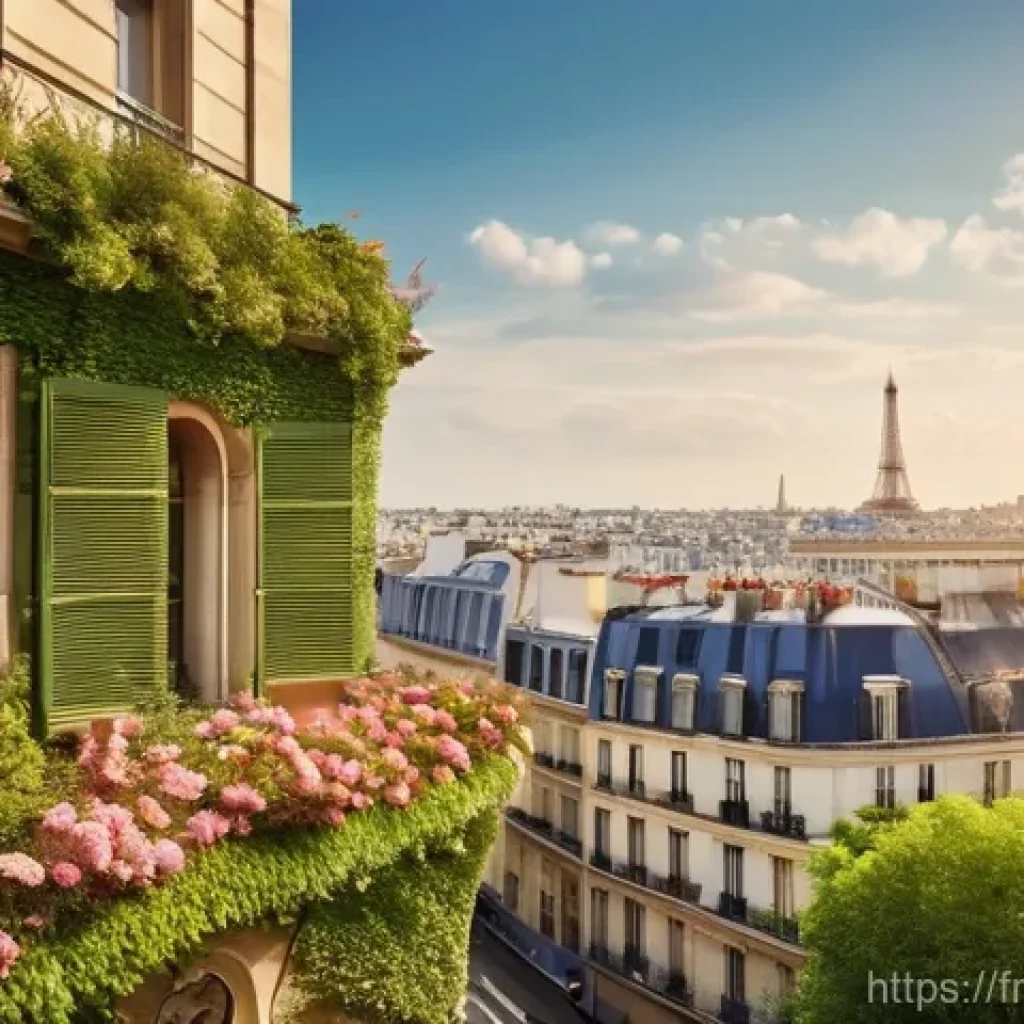 도시 생태학을 통한 생물다양성 이해하기 - A breathtaking panoramic view of a vibrant Parisian cityscape, where numerous rooftops are transform...