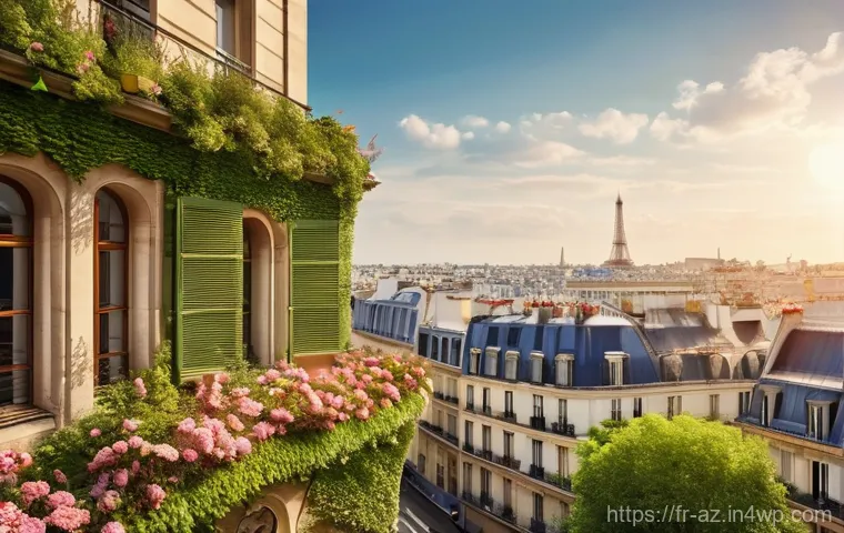 도시 생태학을 통한 생물다양성 이해하기 - A breathtaking panoramic view of a vibrant Parisian cityscape, where numerous rooftops are transform...