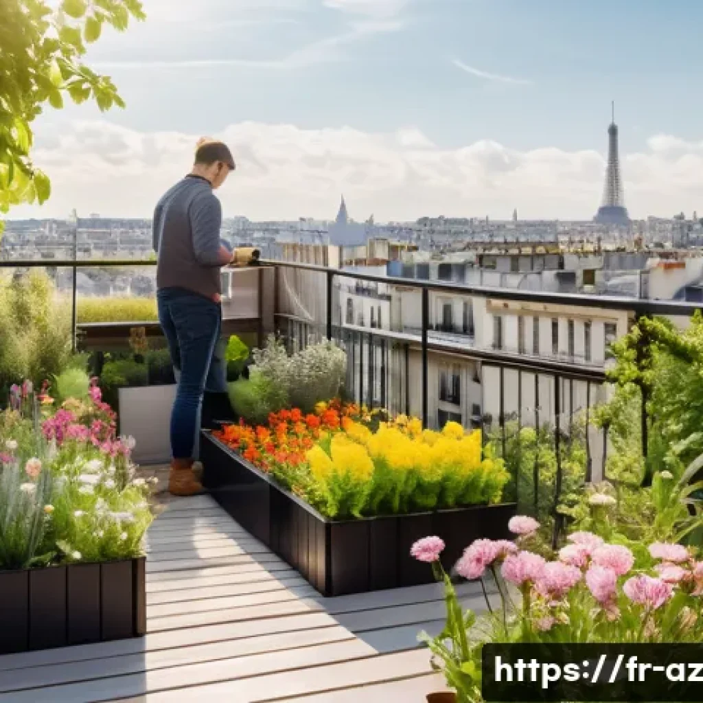 도시 생물다양성을 위한 지속 가능한 비즈니스 모델 - A vibrant Parisian urban rooftop garden in spring, transformed from a flat roof into a lush green oa...