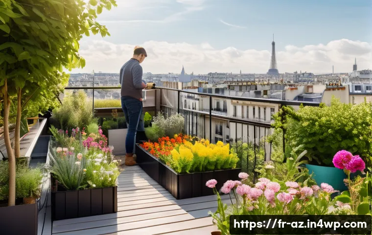 도시 생물다양성을 위한 지속 가능한 비즈니스 모델 - A vibrant Parisian urban rooftop garden in spring, transformed from a flat roof into a lush green oa...