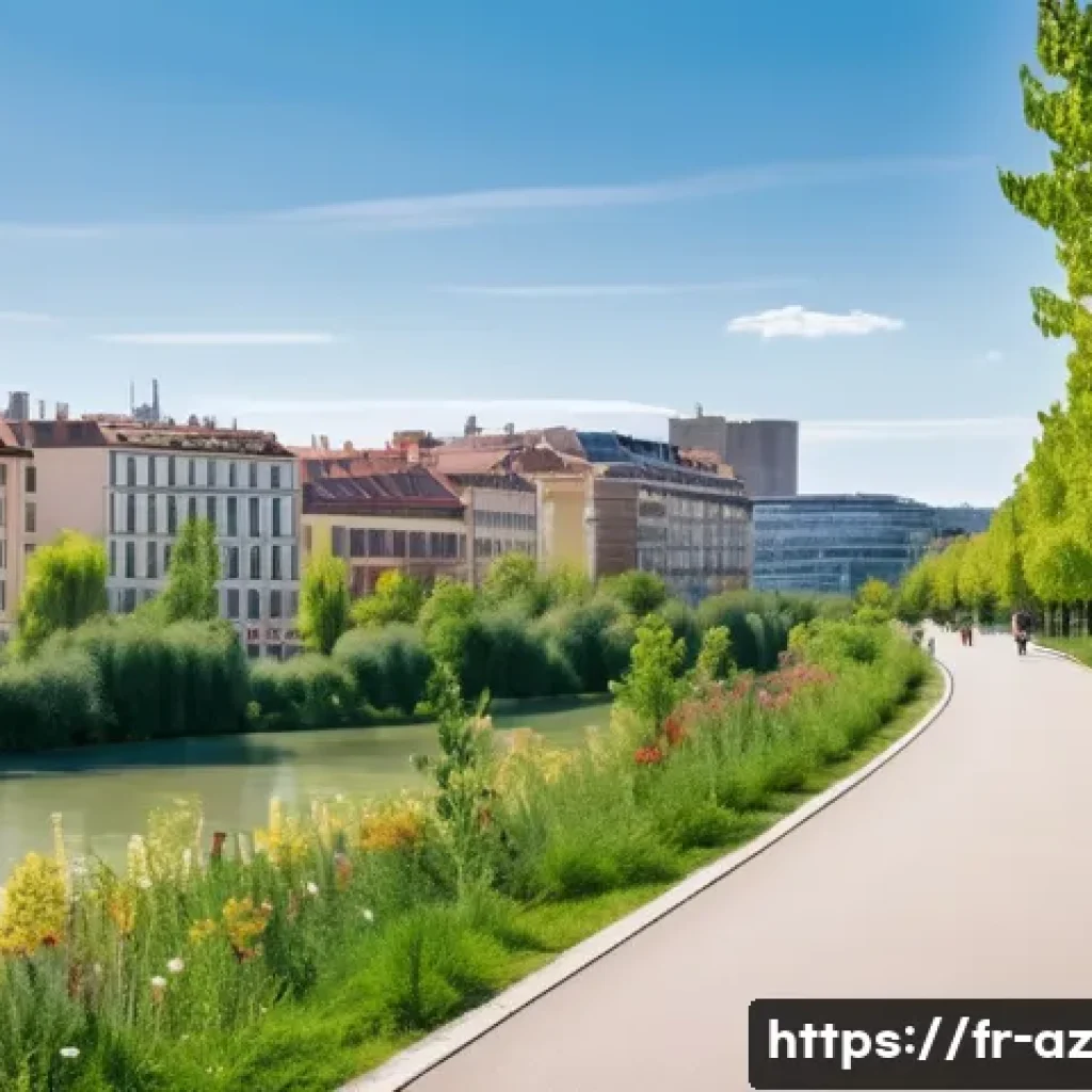 도시 생물다양성 증진을 위한 실질적 사례 - A vibrant urban green corridor in Lyon, France, showing a lush, wide pathway lined with native trees...