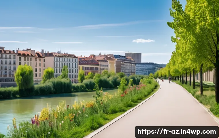 도시 생물다양성 증진을 위한 실질적 사례 - A vibrant urban green corridor in Lyon, France, showing a lush, wide pathway lined with native trees...