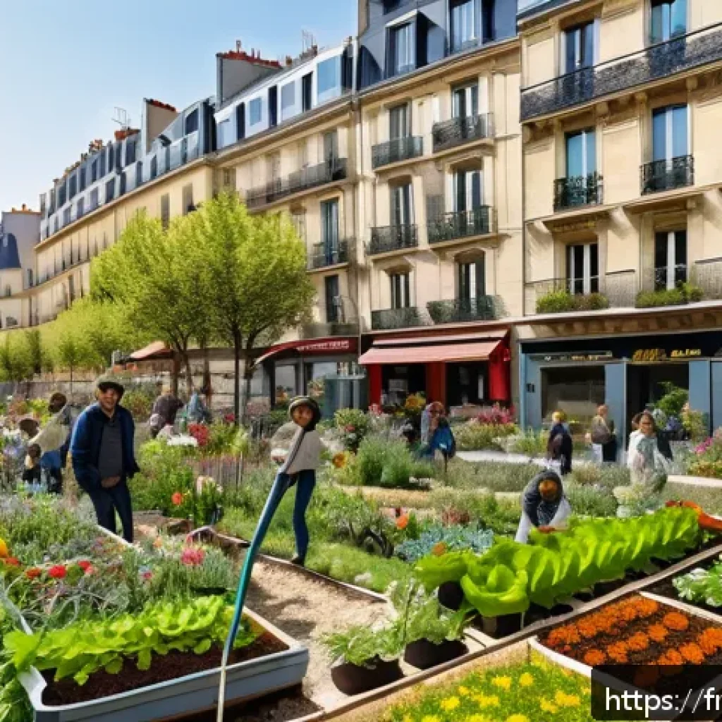 도시에서의 생물다양성 증진을 위한 소셜 미디어 활용 - A vibrant urban community garden scene in Paris during spring, showing diverse people of various age...
