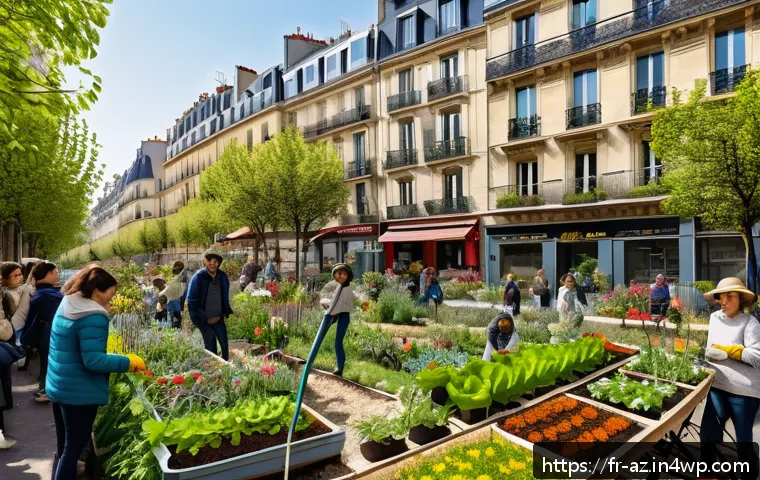 도시에서의 생물다양성 증진을 위한 소셜 미디어 활용 - A vibrant urban community garden scene in Paris during spring, showing diverse people of various age...