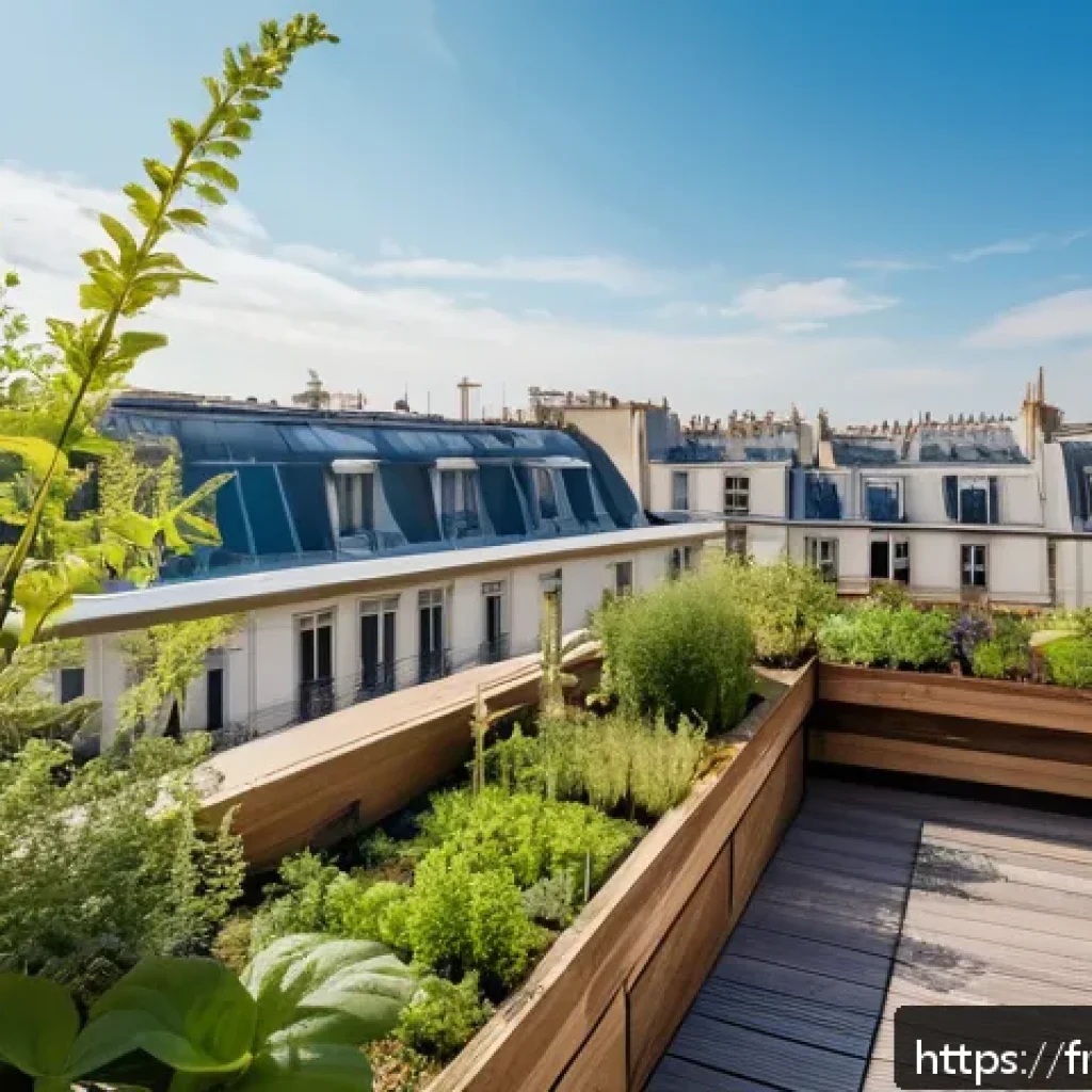 도시 내 야생동물 서식지 보호하기 - A vibrant urban rooftop garden in Paris featuring lush green vegetation, flowering plants attracting...