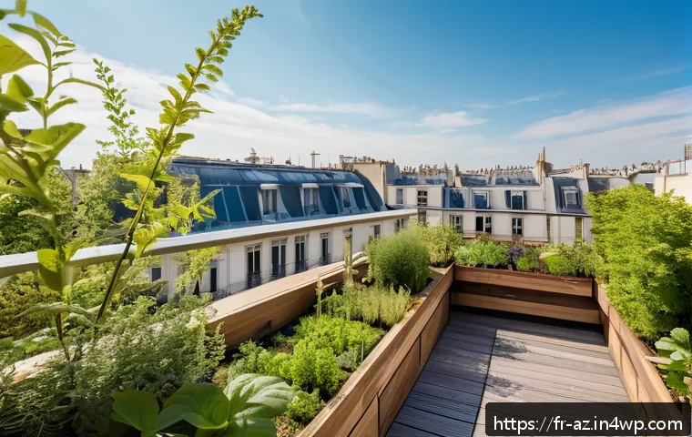 도시 내 야생동물 서식지 보호하기 - A vibrant urban rooftop garden in Paris featuring lush green vegetation, flowering plants attracting...