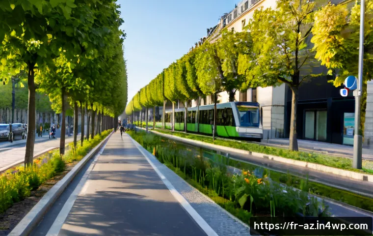 도시 생물다양성을 위한 인프라 구축 방안 - Photorealistic wide-angle view of a revitalized Paris residential street designed for urban biodiver...